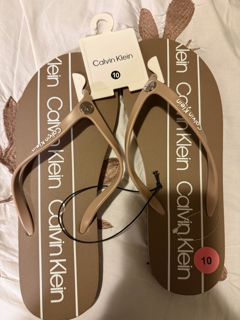 Calvin Klein Beige/Taupe Logo Strap Flip Flops